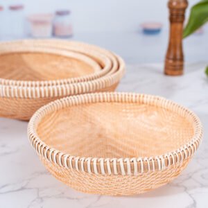 bamboo woven basket, fruit and vegetable storage basket, dustpan, handmade bamboo product, round perforated woven basket