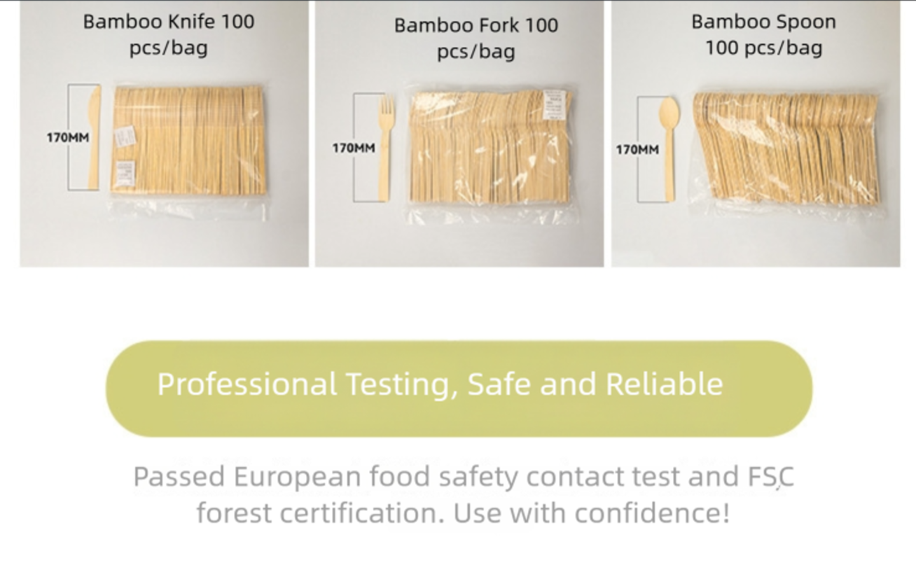 Bamboo tableware, knives, forks, spoons, environmentally friendly and easily degradable, 100 pieces/pack bamboo cutlery sets 100 pack (50 forks, 25 spoons, 25 knives)