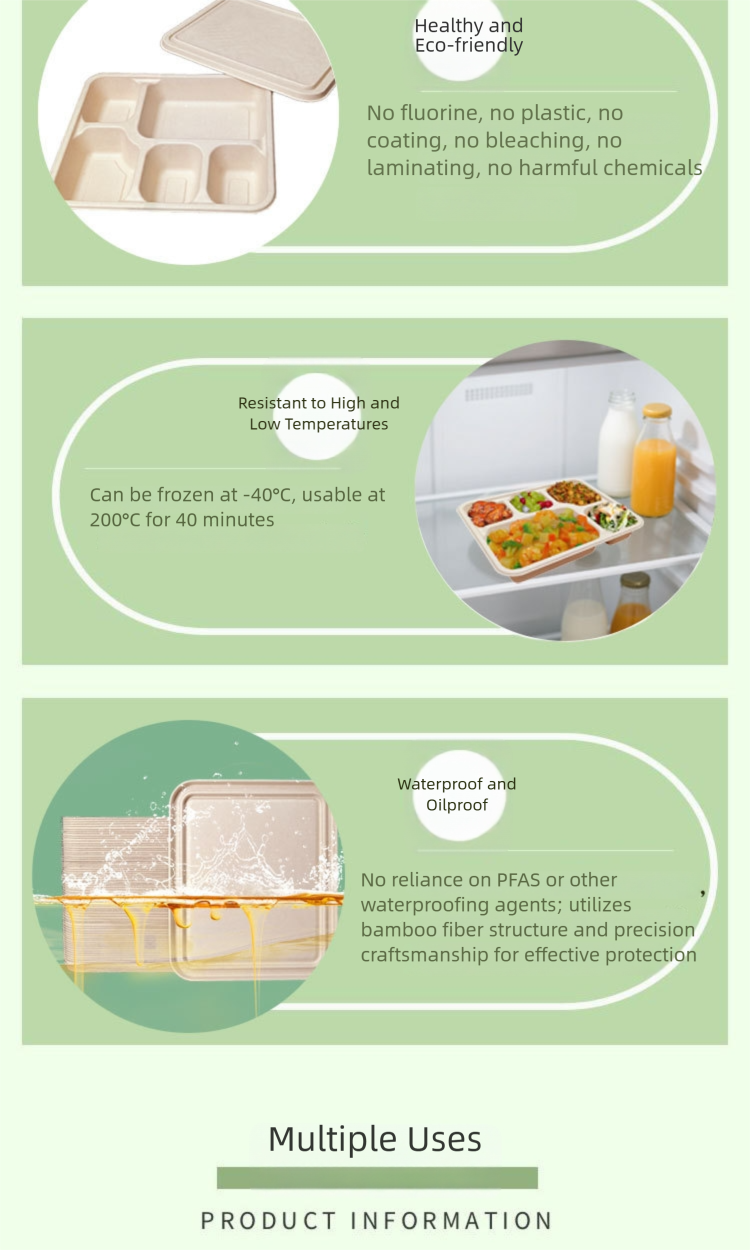 disposable bamboo fiber multi grid lunch box, environmentally friendly and biodegradable