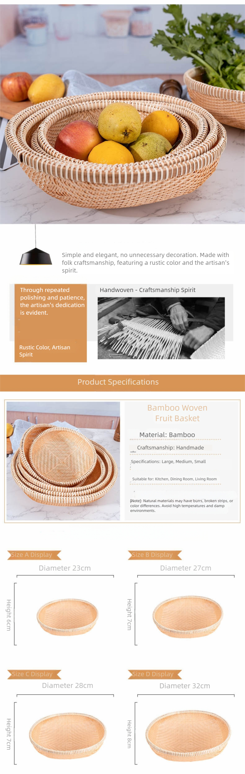 bamboo woven basket, fruit and vegetable storage basket, dustpan, handmade bamboo product, round perforated woven basket
