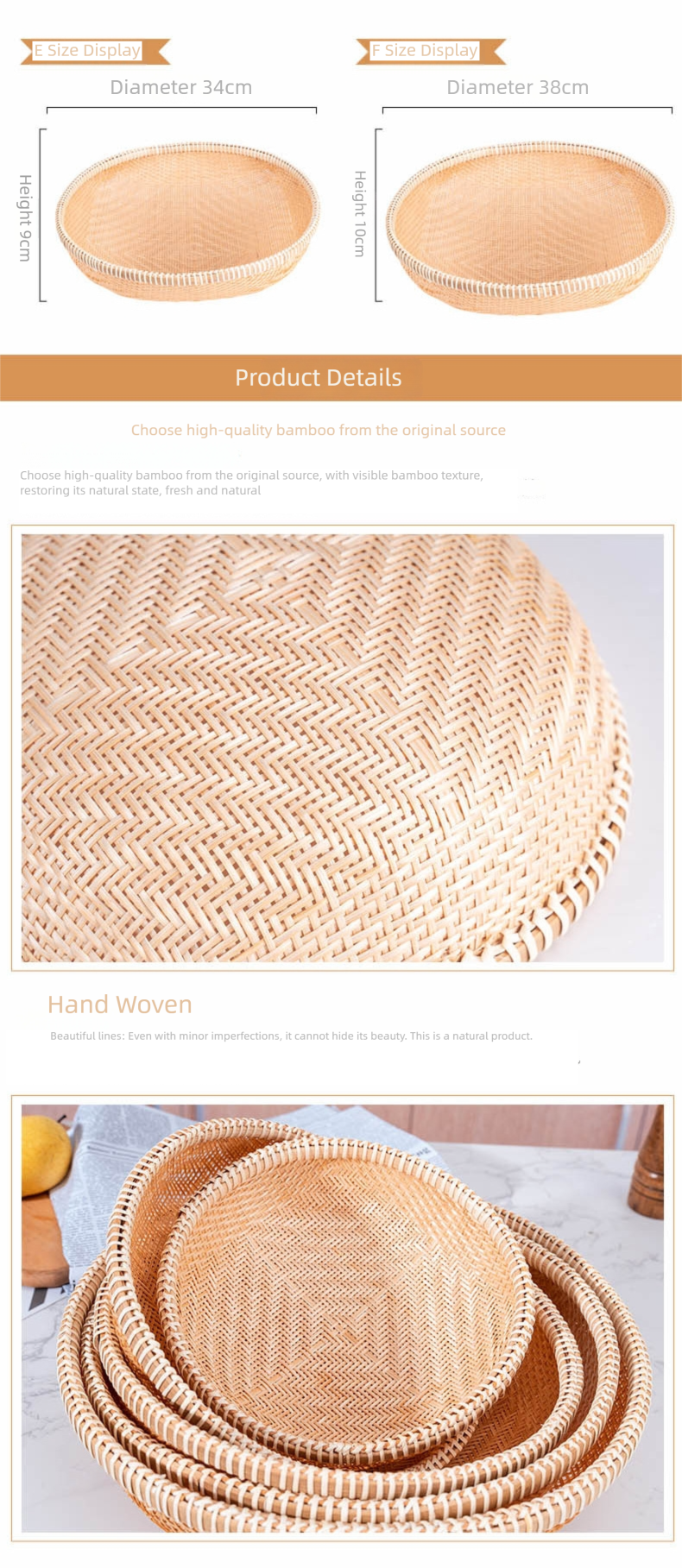 bamboo woven basket, fruit and vegetable storage basket, dustpan, handmade bamboo product, round perforated woven basket