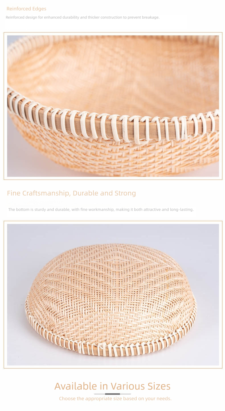 bamboo woven basket, fruit and vegetable storage basket, dustpan, handmade bamboo product, round perforated woven basket